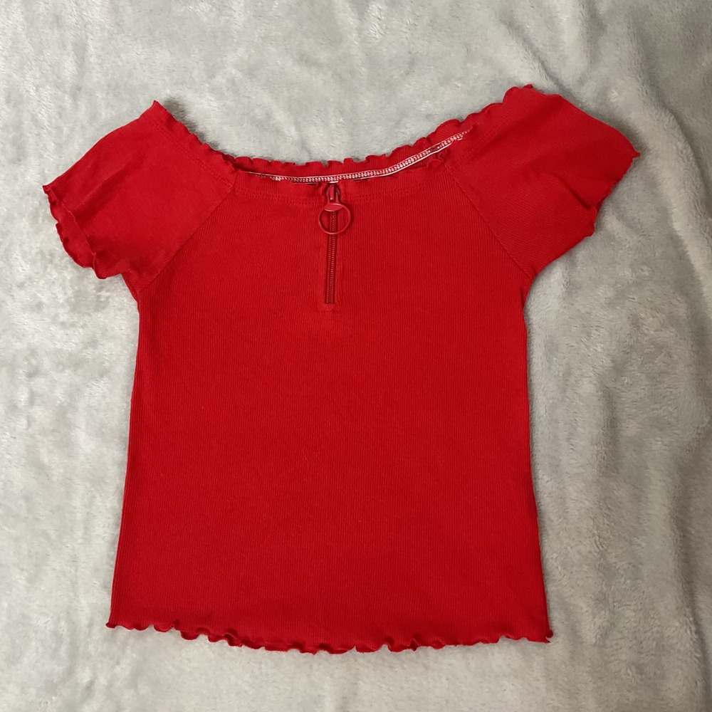 Justice Girls Red Ribbed Off The Shoulder Zip Front Lettuce Edge Top Size 10